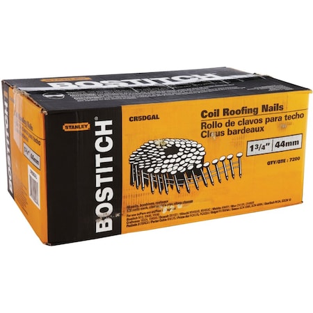 Bostitch Collated Roofing Nail, 1-3/4 in L, 14 ga, Galvanized, Full Round Head, 15 Degrees CR5DGAL